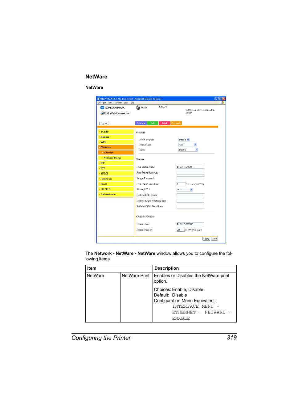 Netware, Netware 319, Configuring the printer 319 | Konica Minolta bizhub C31P User Manual | Page 337 / 382