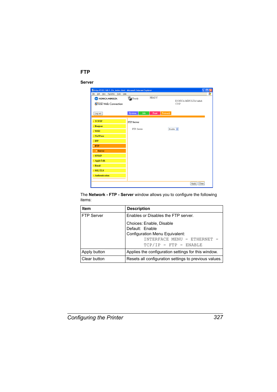 Ftp 327, Configuring the printer 327 | Konica Minolta bizhub C31P User Manual | Page 345 / 382