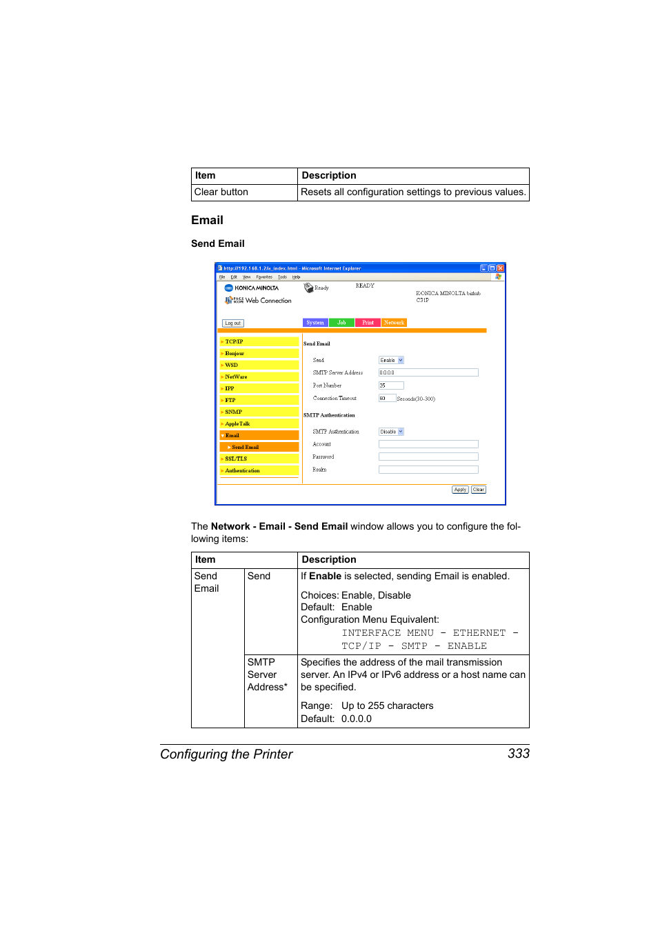 Email, Email 333, Configuring the printer 333 | Konica Minolta bizhub C31P User Manual | Page 351 / 382