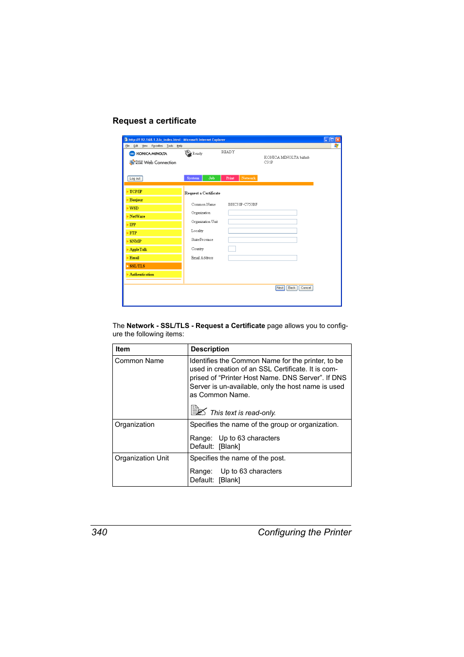 Request a certificate, Request a certificate 340 | Konica Minolta bizhub C31P User Manual | Page 358 / 382