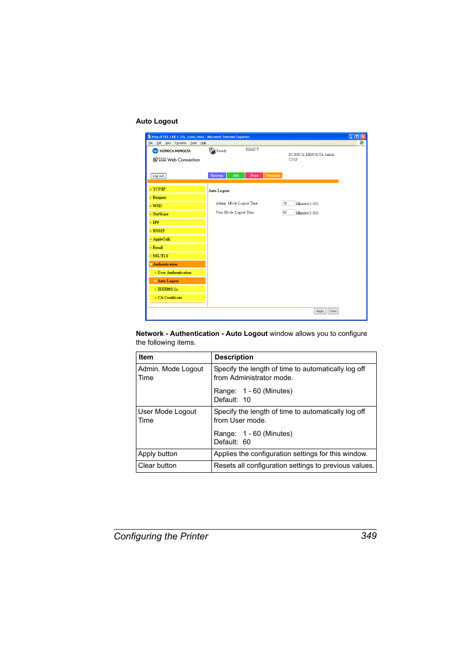 Configuring the printer 349 | Konica Minolta bizhub C31P User Manual | Page 367 / 382