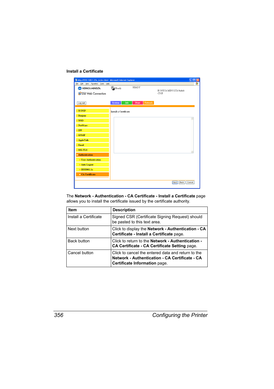 Configuring the printer 356 | Konica Minolta bizhub C31P User Manual | Page 374 / 382