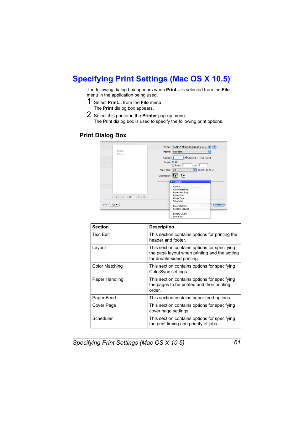 Specifying print settings (mac os x 10.5), Print dialog box, Specifying print settings (mac os x 10.5) 61 | Print dialog box 61 | Konica Minolta bizhub C31P User Manual | Page 79 / 382