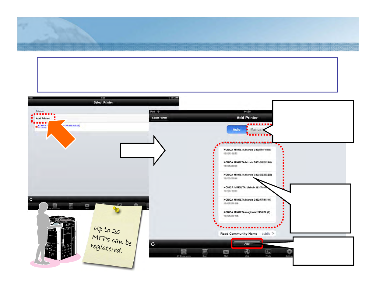 2 mfp auto search and registration | Konica Minolta PageScope Mobile User Manual | Page 20 / 69