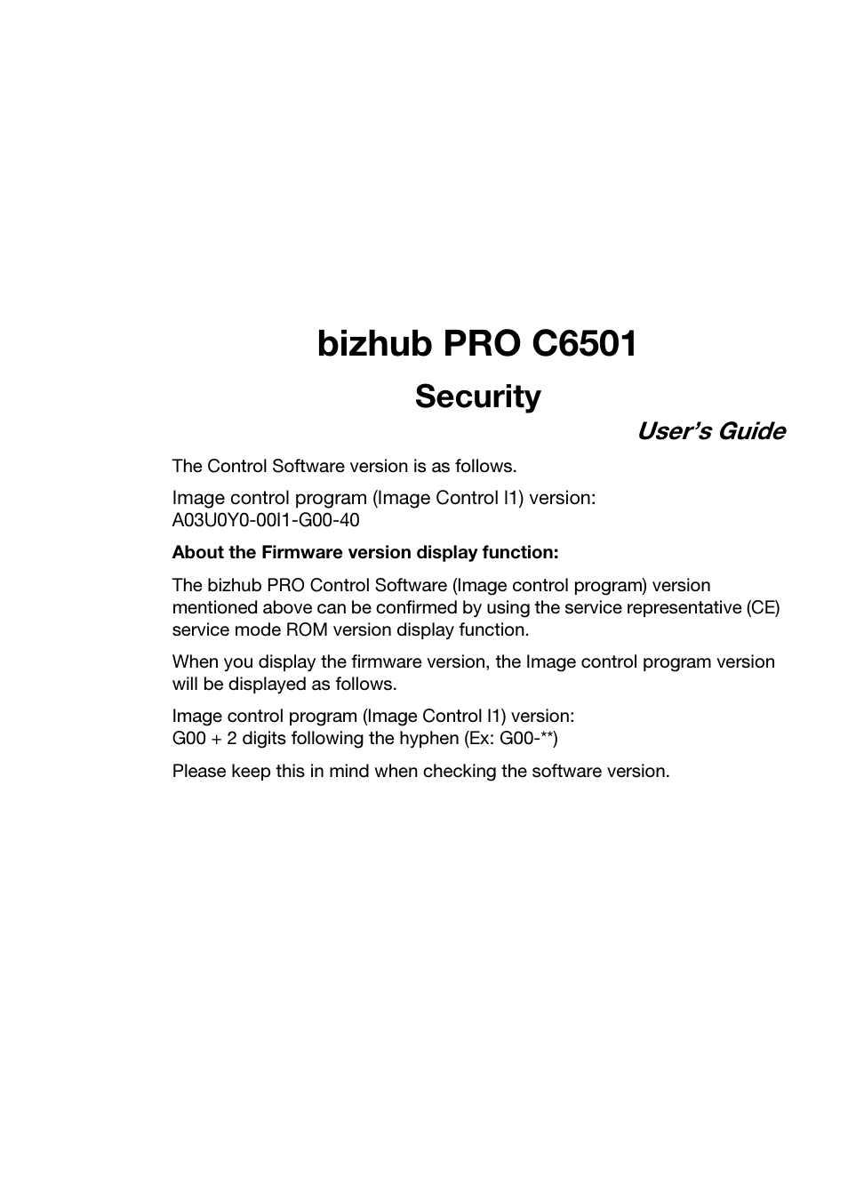 Bizhub pro c6501, Security, User’s guide | Konica Minolta bizhub PRO C6501 User Manual | Page 3 / 32