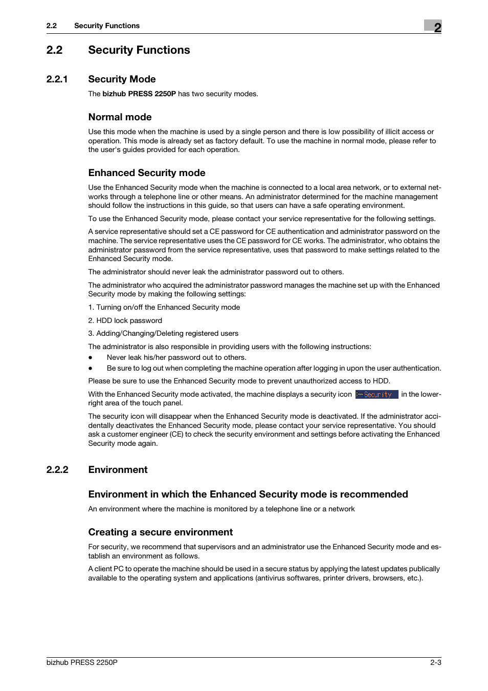 2 security functions, 1 security mode, 2 environment | Security functions -3, Security mode -3, Environment -3 | Konica Minolta bizhub PRESS 2250P User Manual | Page 10 / 57