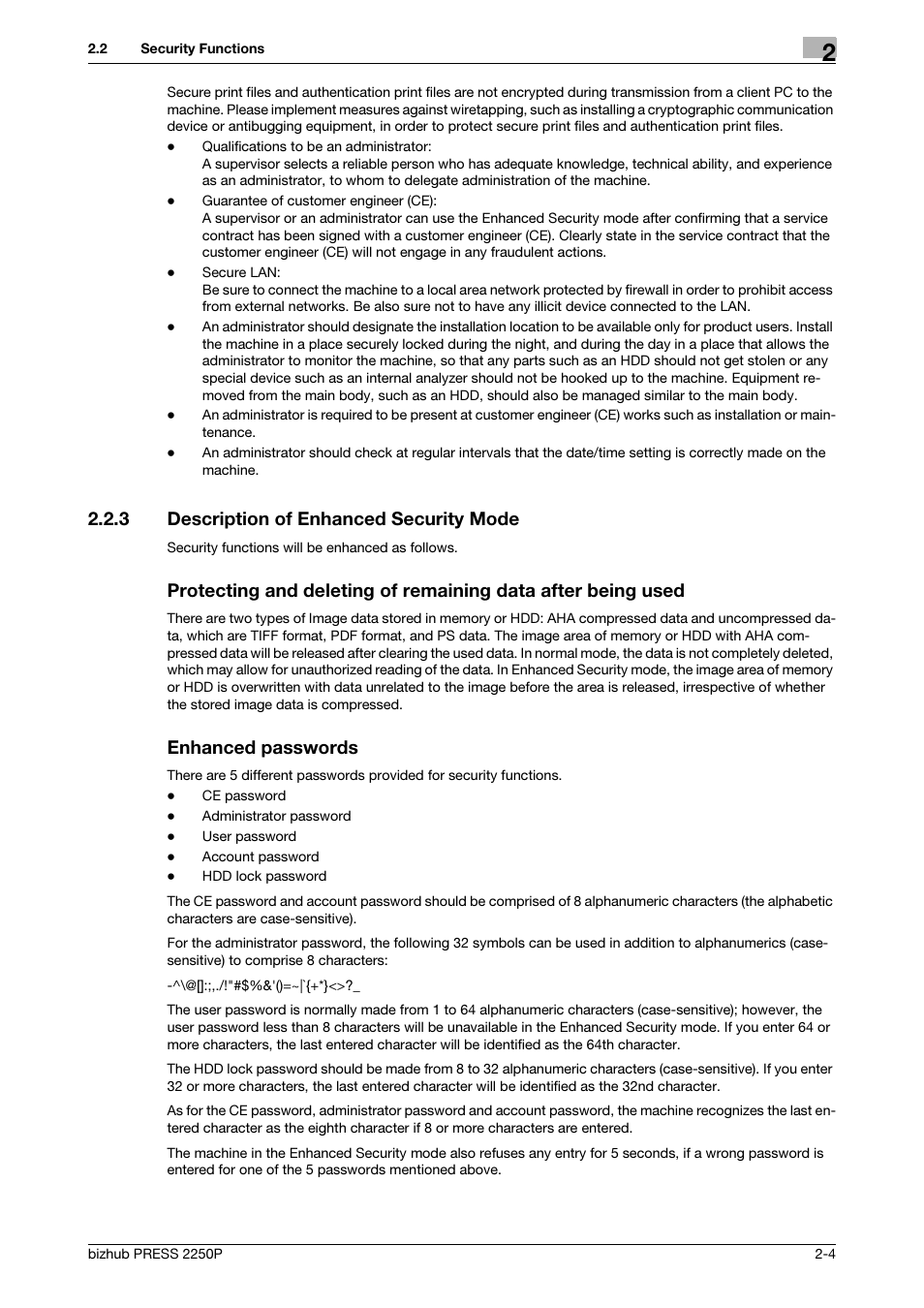 3 description of enhanced security mode, Description of enhanced security mode -4, Enhanced passwords | Konica Minolta bizhub PRESS 2250P User Manual | Page 11 / 57