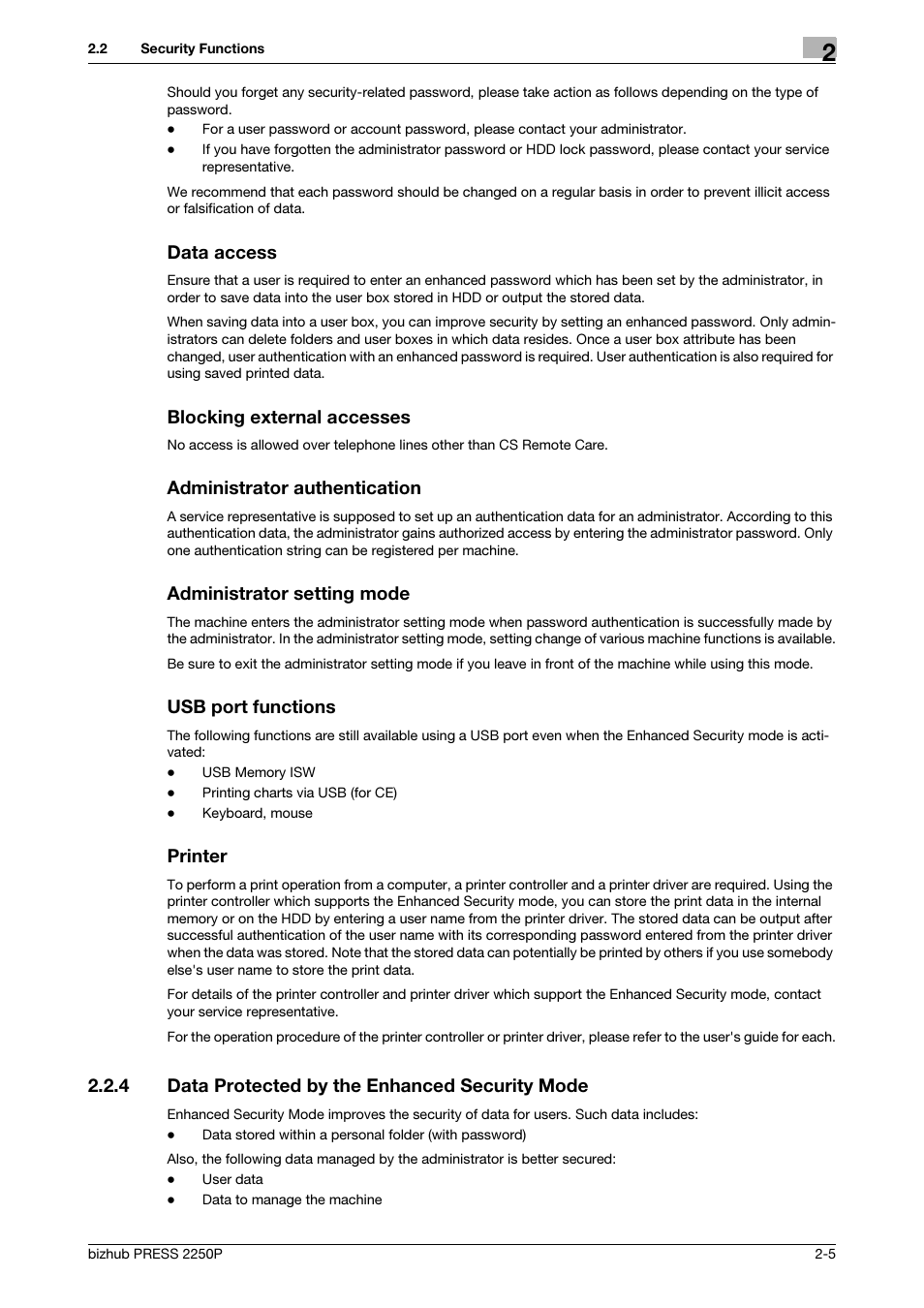 4 data protected by the enhanced security mode, Data protected by the enhanced security mode -5, Data access | Blocking external accesses, Administrator authentication, Administrator setting mode, Usb port functions, Printer | Konica Minolta bizhub PRESS 2250P User Manual | Page 12 / 57