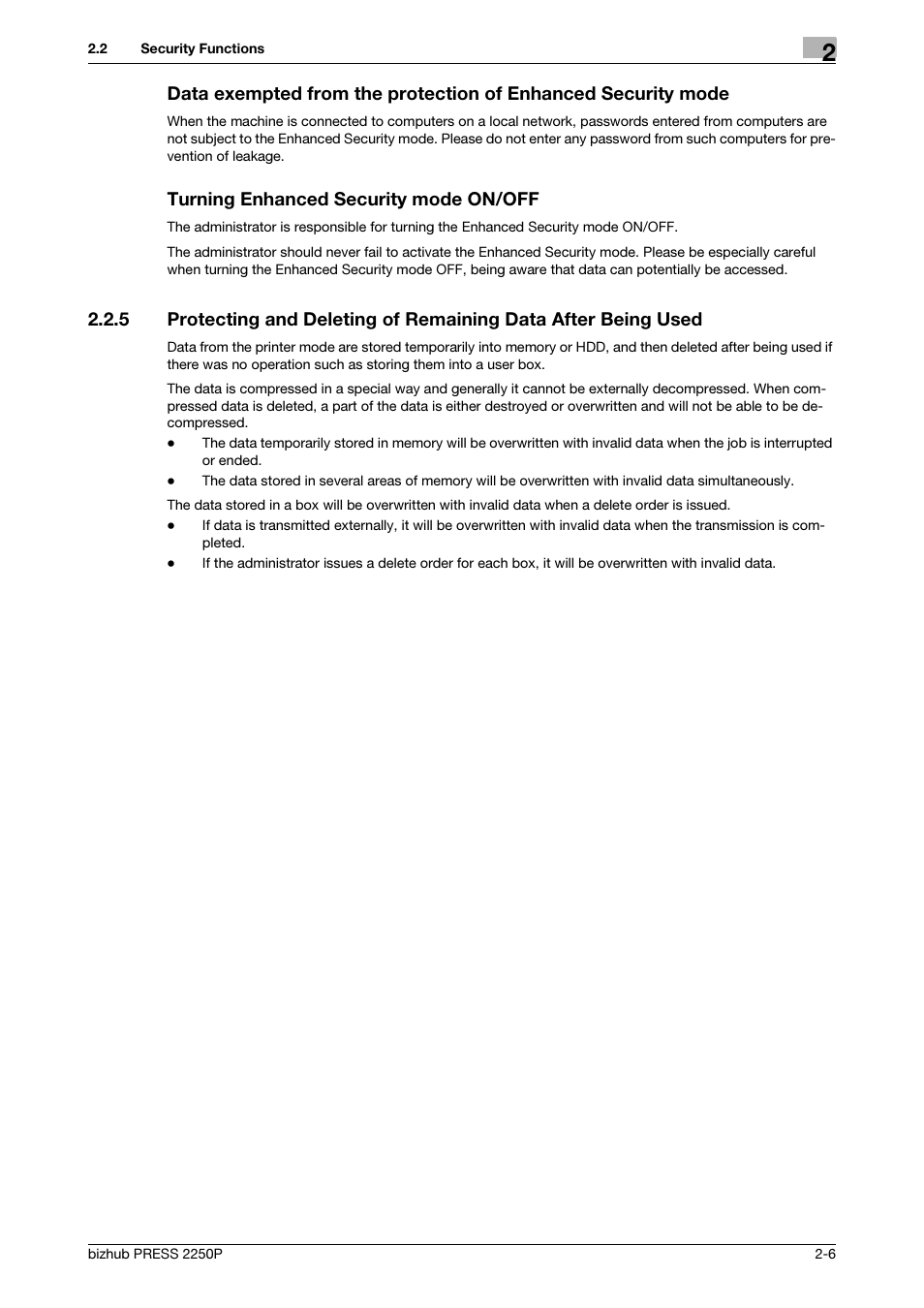 Turning enhanced security mode on/off | Konica Minolta bizhub PRESS 2250P User Manual | Page 13 / 57