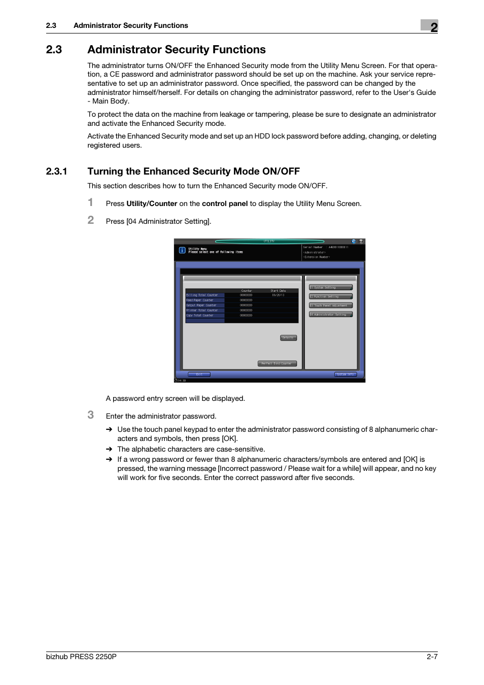 3 administrator security functions, 1 turning the enhanced security mode on/off, Administrator security functions -7 | Turning the enhanced security mode on/off -7 | Konica Minolta bizhub PRESS 2250P User Manual | Page 14 / 57