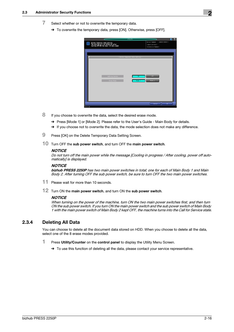 4 deleting all data, Deleting all data -16 | Konica Minolta bizhub PRESS 2250P User Manual | Page 23 / 57