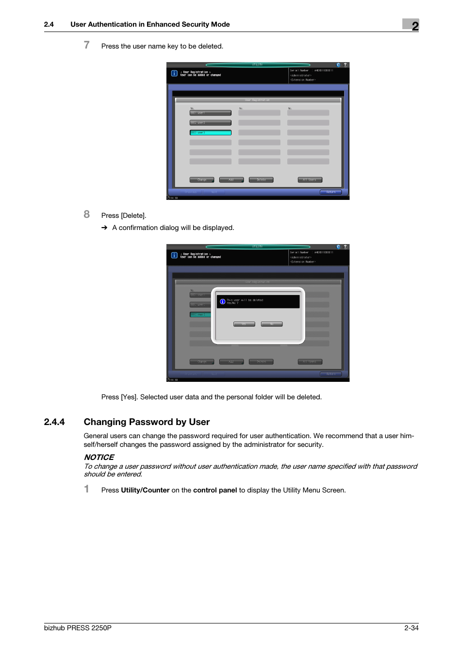 4 changing password by user, Changing password by user -34 | Konica Minolta bizhub PRESS 2250P User Manual | Page 41 / 57