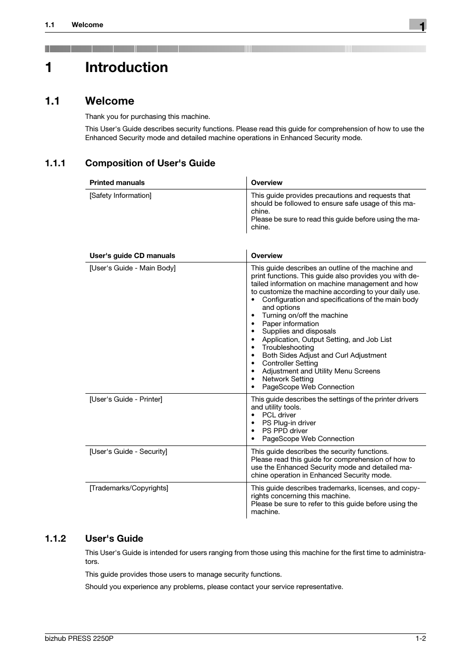 1 introduction, 1 welcome, 1 composition of user's guide | 2 user's guide, Introduction, Welcome -2, Composition of user's guide -2, User's guide -2, 1introduction, 1 composition of user's guide 1.1.2 user's guide | Konica Minolta bizhub PRESS 2250P User Manual | Page 5 / 57