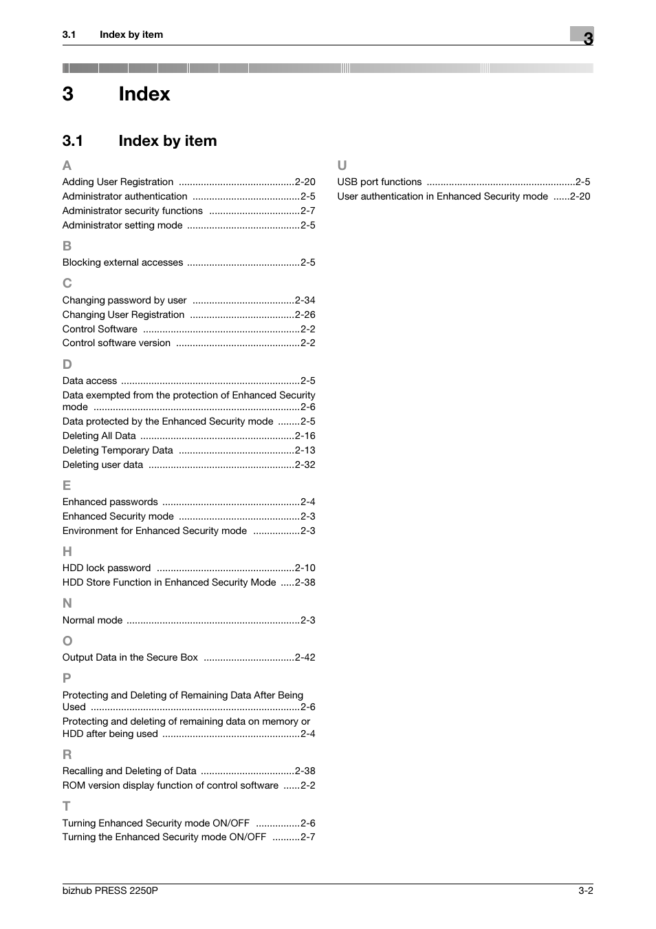 3 index, 1 index by item, Index | Index by item -2, 3index | Konica Minolta bizhub PRESS 2250P User Manual | Page 54 / 57