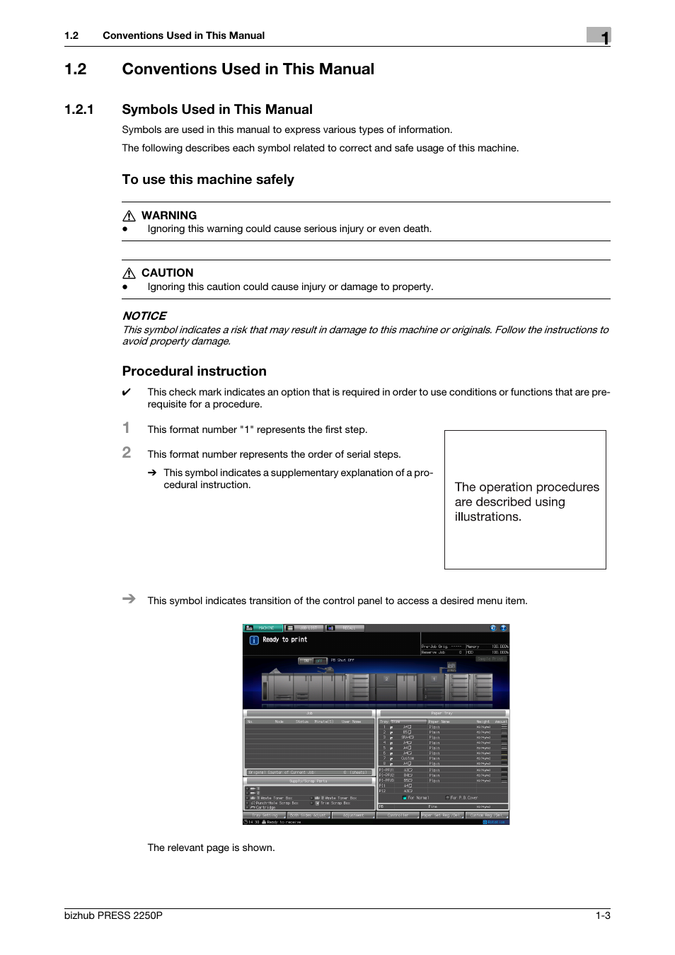 2 conventions used in this manual, 1 symbols used in this manual, Conventions used in this manual -3 | Symbols used in this manual -3 | Konica Minolta bizhub PRESS 2250P User Manual | Page 6 / 57