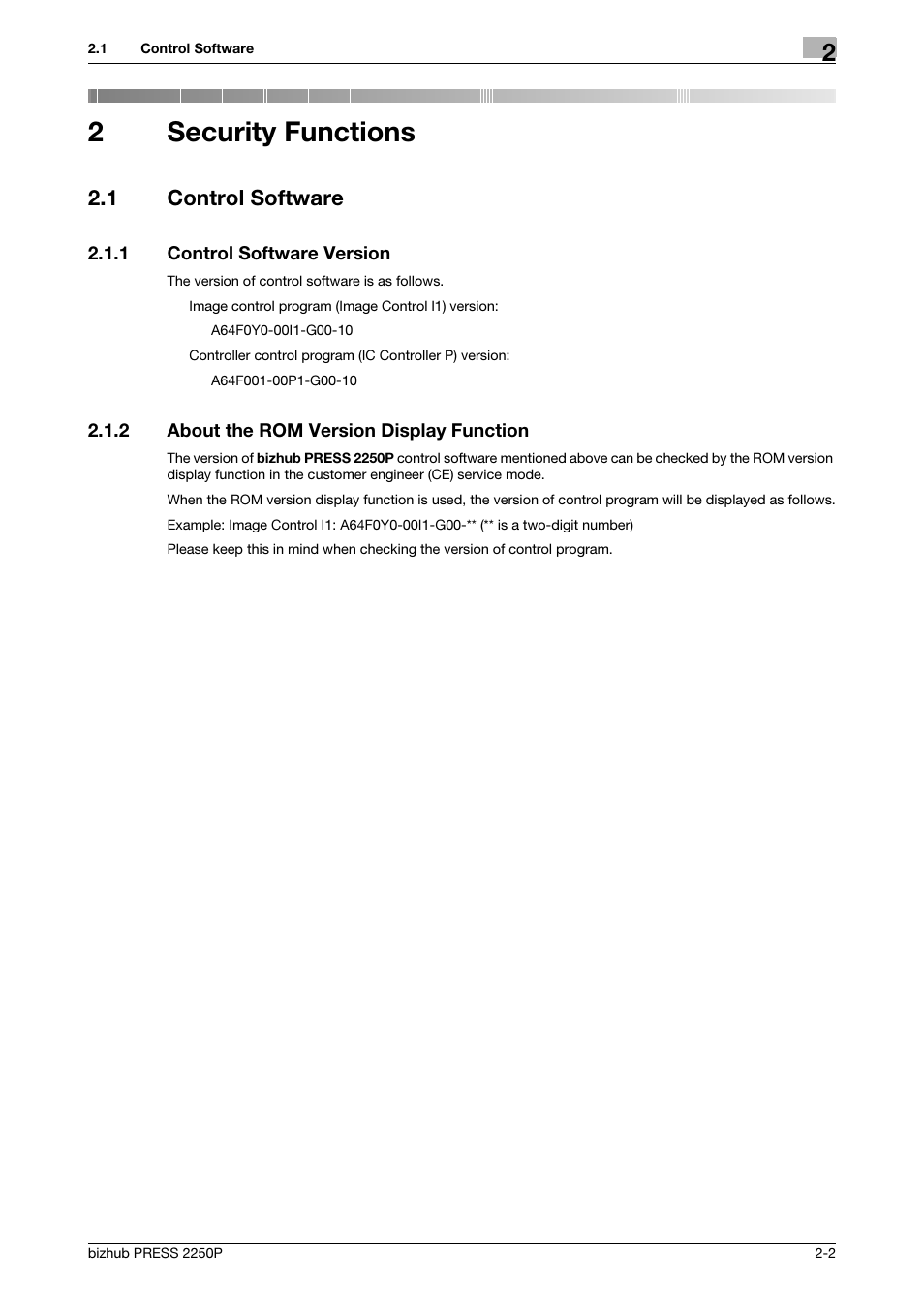 2 security functions, 1 control software, 1 control software version | 2 about the rom version display function, Security functions, Control software -2, Control software version -2, About the rom version display function -2, 2security functions | Konica Minolta bizhub PRESS 2250P User Manual | Page 9 / 57