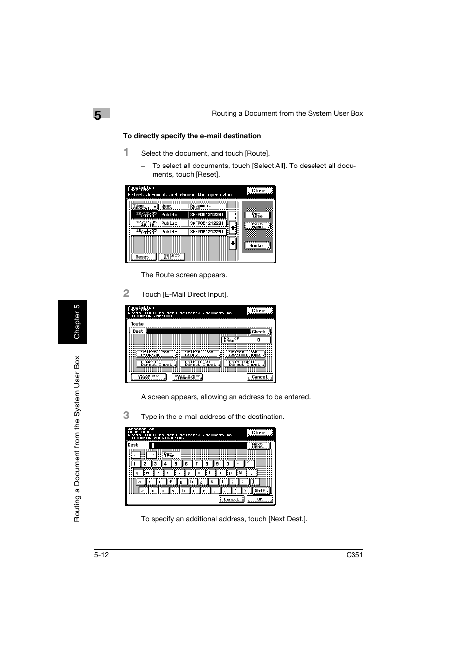 To directly specify the e-mail destination, To directly specify the e-mail destination -12, P. 5-12 | Konica Minolta BIZHUB C351 User Manual | Page 115 / 194