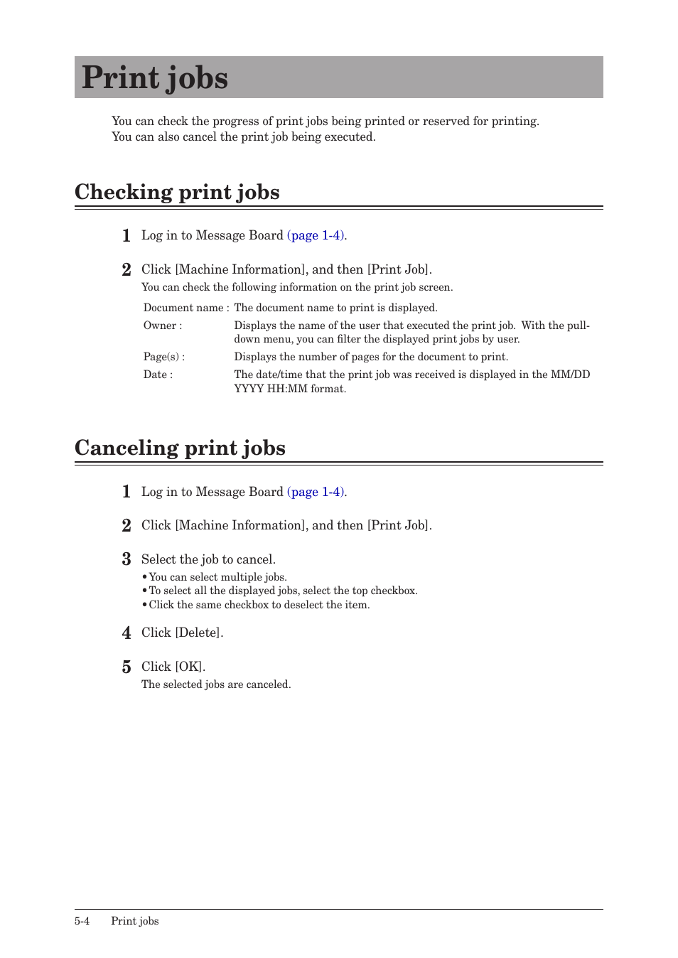 Print jobs, Checking print jobs, Canceling print jobs | Print jobs -4, Checking print jobs -4 canceling print jobs -4 | Konica Minolta bizhub 25e User Manual | Page 127 / 140