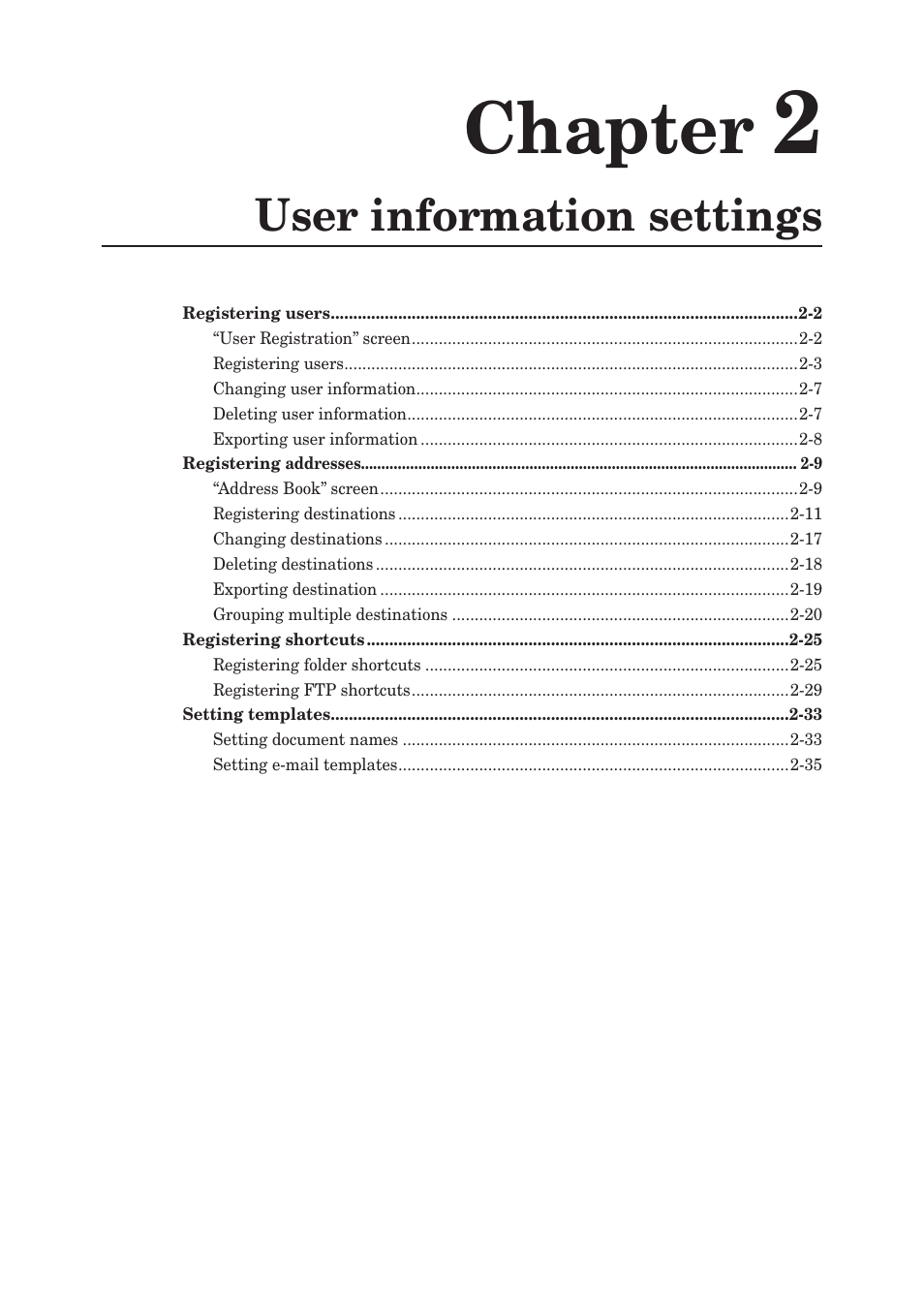 Chapter 2, User information settings, Chapter 2 user information settings | Chapter | Konica Minolta bizhub 25e User Manual | Page 20 / 140