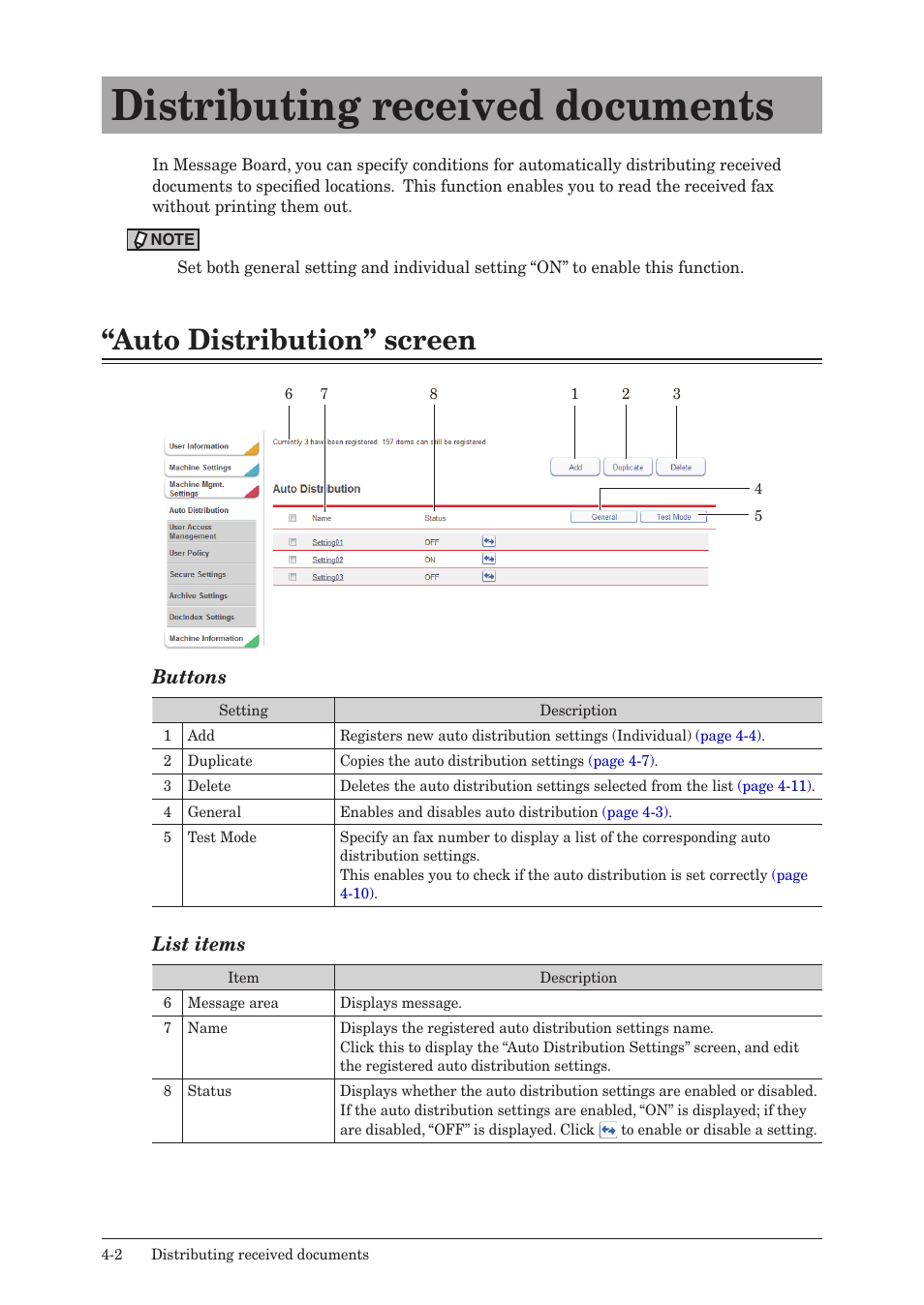 Distributing received documents, Auto distribution” screen, Distributing received documents -2 | Auto distribution” screen -2, Buttons, List items | Konica Minolta bizhub 25e User Manual | Page 83 / 140