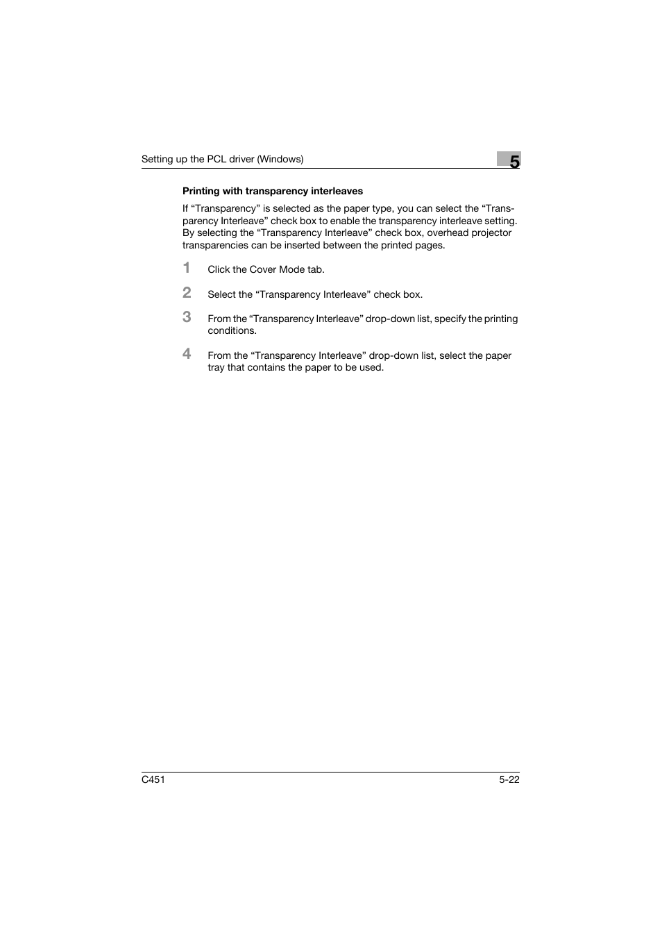 Printing with transparency interleaves, Printing with transparency interleaves -22 | Konica Minolta bizhub C451 User Manual | Page 167 / 432