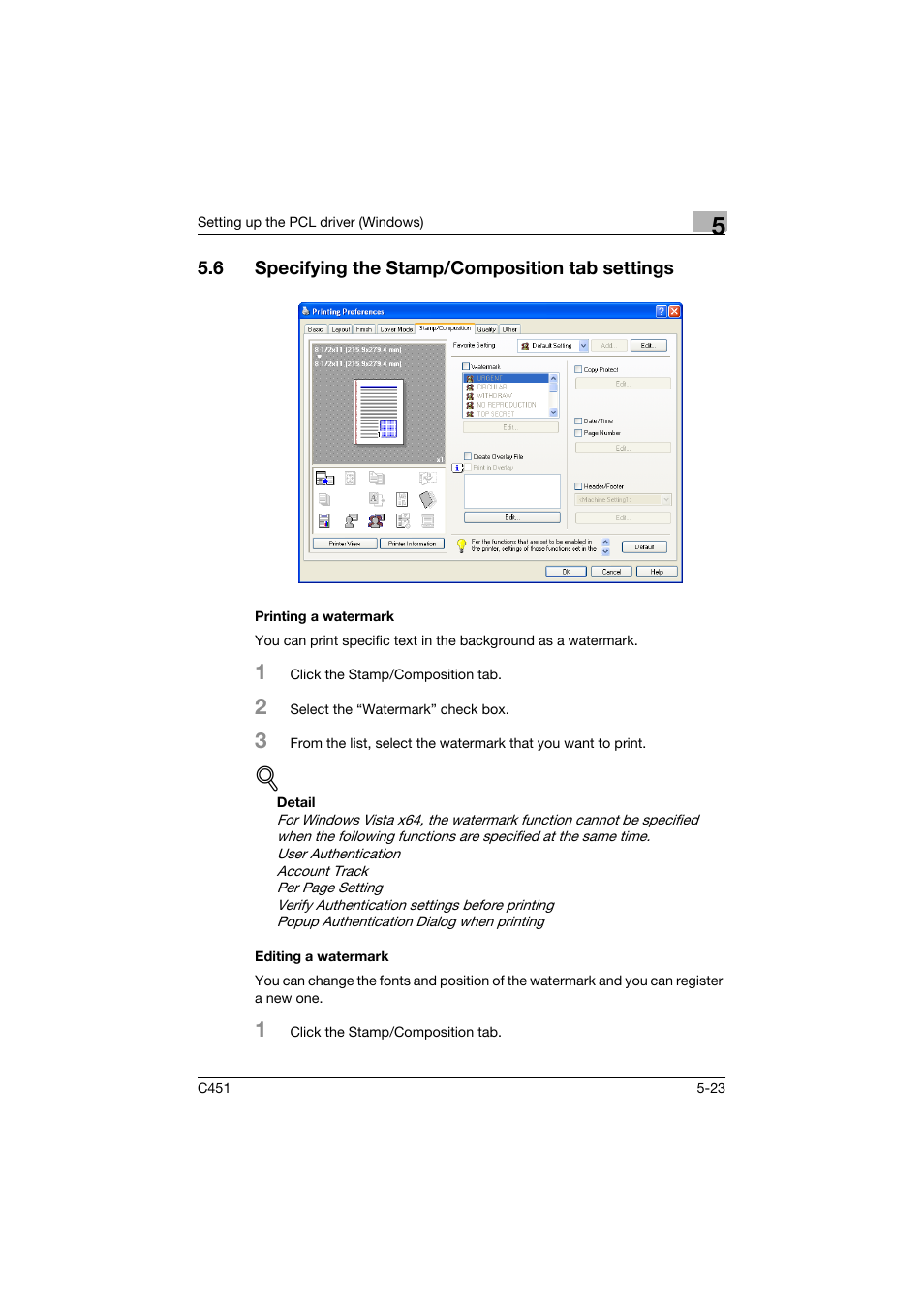6 specifying the stamp/composition tab settings, Printing a watermark, Editing a watermark | Specifying the stamp/composition tab settings -23, Printing a watermark -23 editing a watermark -23 | Konica Minolta bizhub C451 User Manual | Page 168 / 432