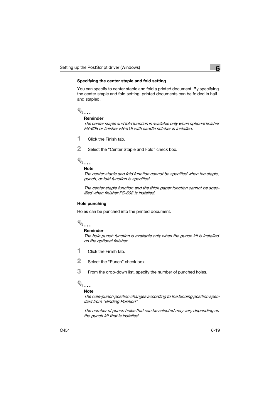 Specifying the center staple and fold setting, Hole punching | Konica Minolta bizhub C451 User Manual | Page 214 / 432
