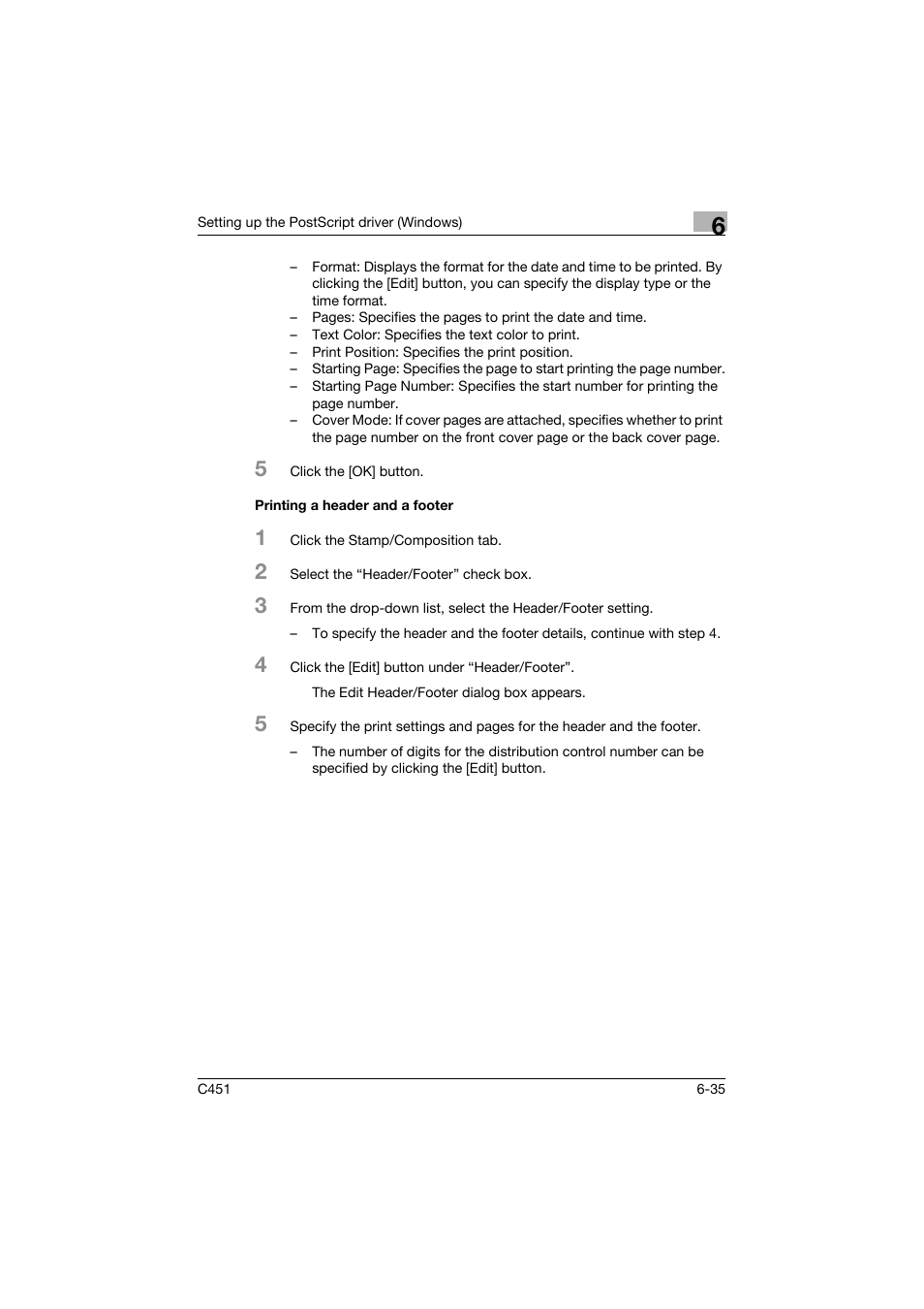 Printing a header and a footer, Printing a header and a footer -35 | Konica Minolta bizhub C451 User Manual | Page 230 / 432