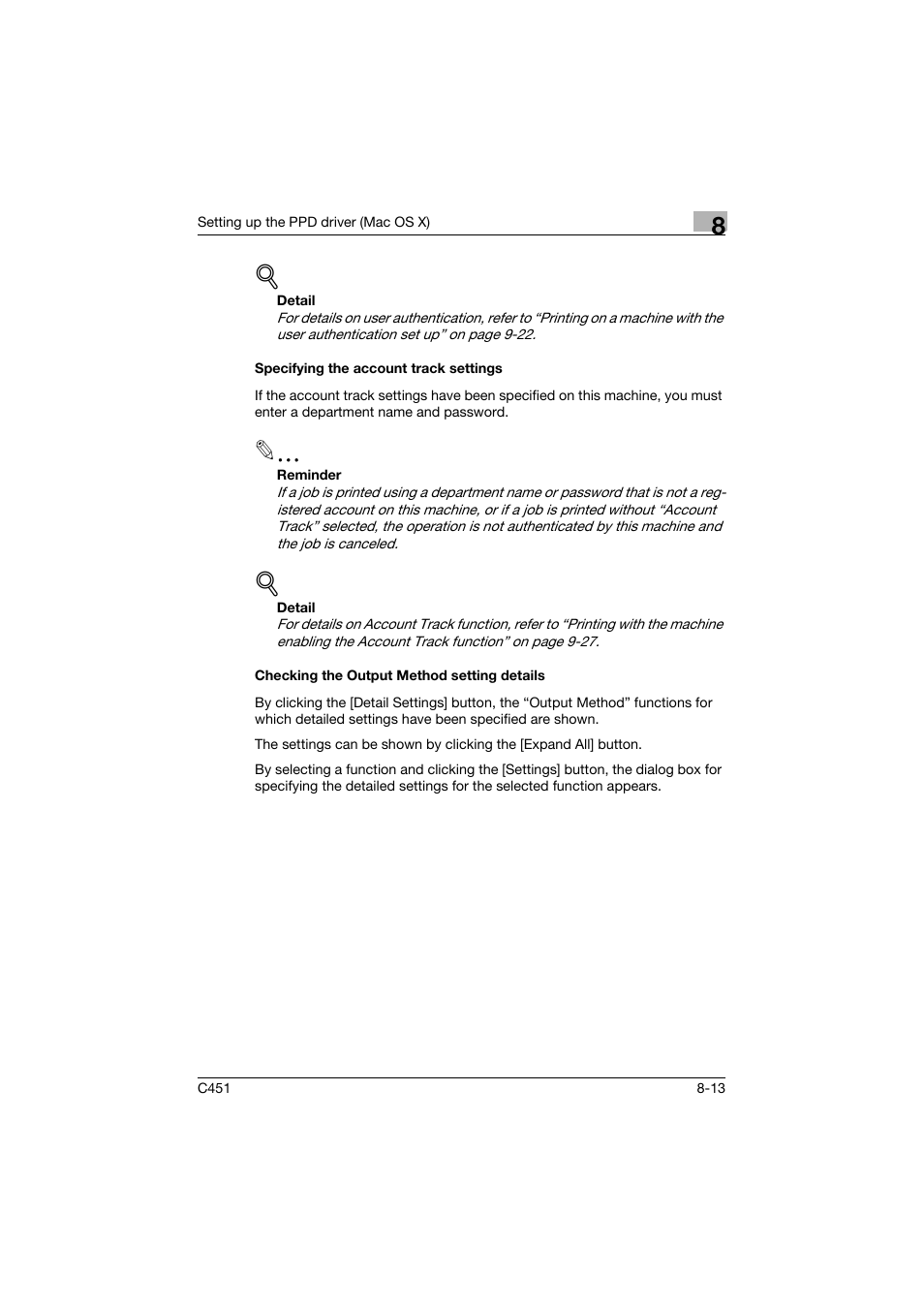 Specifying the account track settings, Checking the output method setting details | Konica Minolta bizhub C451 User Manual | Page 271 / 432