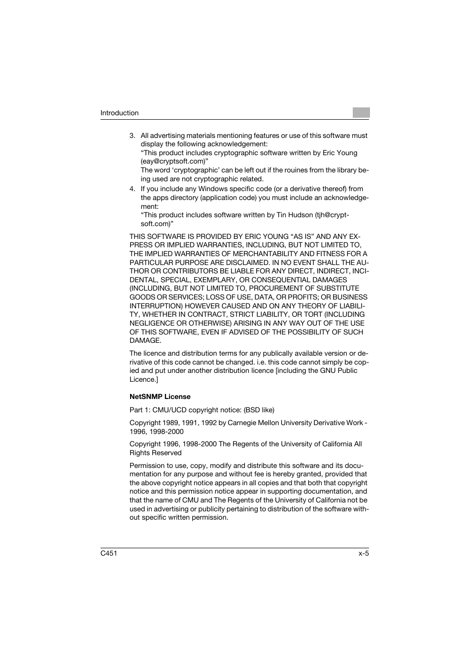 Netsnmp license | Konica Minolta bizhub C451 User Manual | Page 6 / 432