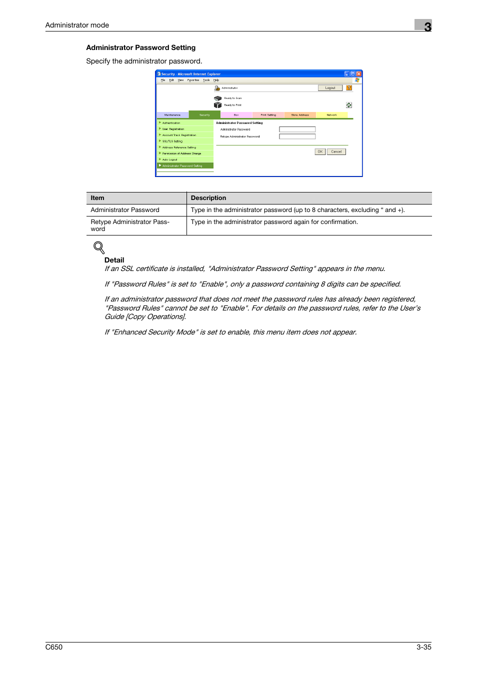 Administrator password setting, Administrator password setting -35 | Konica Minolta bizhub C650 User Manual | Page 109 / 165