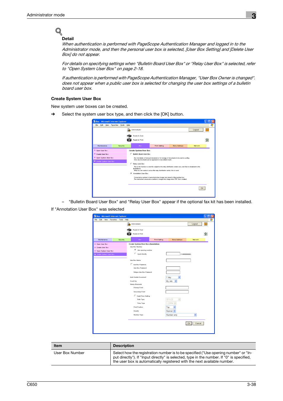 Create system user box, Create system user box -38 | Konica Minolta bizhub C650 User Manual | Page 112 / 165