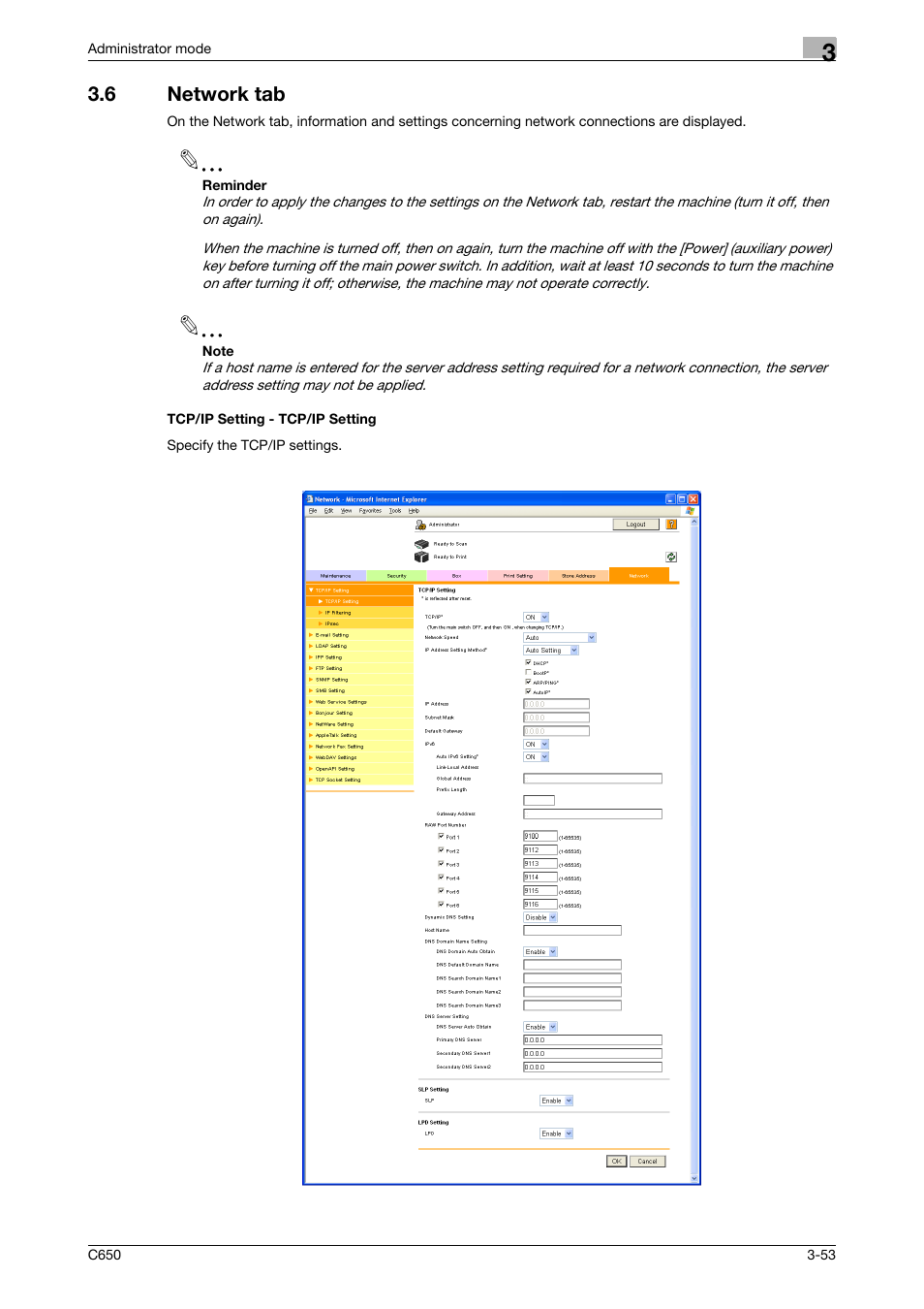 6 network tab, Tcp/ip setting - tcp/ip setting | Konica Minolta bizhub C650 User Manual | Page 127 / 165