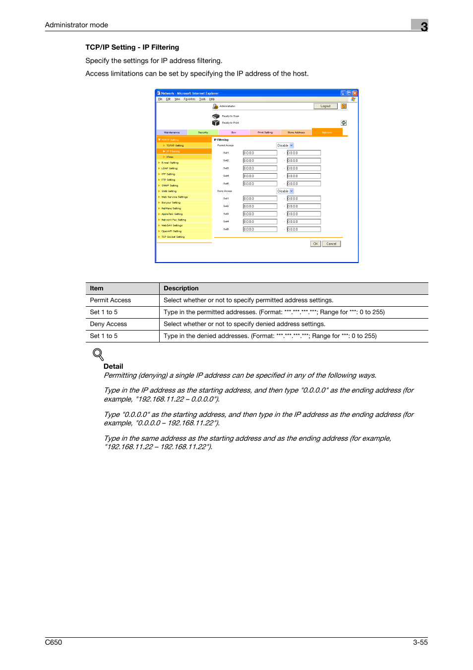 Tcp/ip setting - ip filtering, Tcp/ip setting - ip filtering -55 | Konica Minolta bizhub C650 User Manual | Page 129 / 165