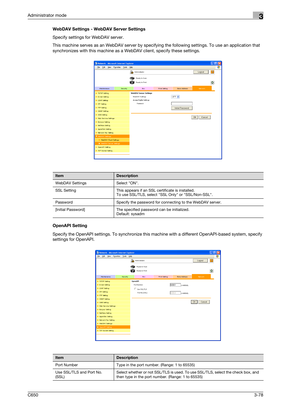 Webdav settings - webdav server settings, Openapi setting | Konica Minolta bizhub C650 User Manual | Page 152 / 165