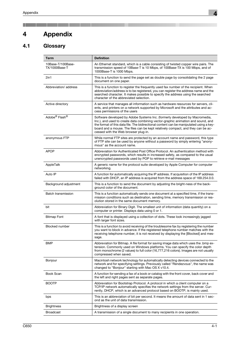 4 appendix, 1 glossary, Appendix | Glossary -1, 4appendix | Konica Minolta bizhub C650 User Manual | Page 154 / 165
