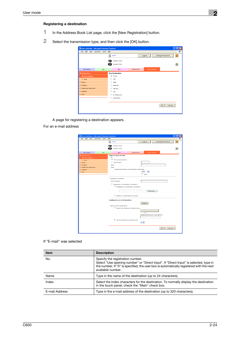 Registering a destination, Registering a destination -24 | Konica Minolta bizhub C650 User Manual | Page 48 / 165