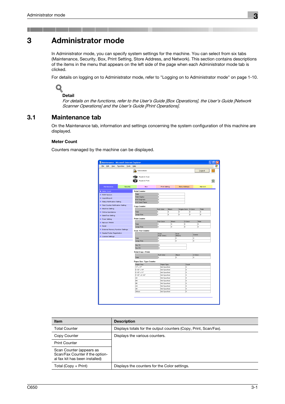 3 administrator mode, 1 maintenance tab, Meter count | Administrator mode, Maintenance tab -1 meter count -1, 3administrator mode | Konica Minolta bizhub C650 User Manual | Page 75 / 165
