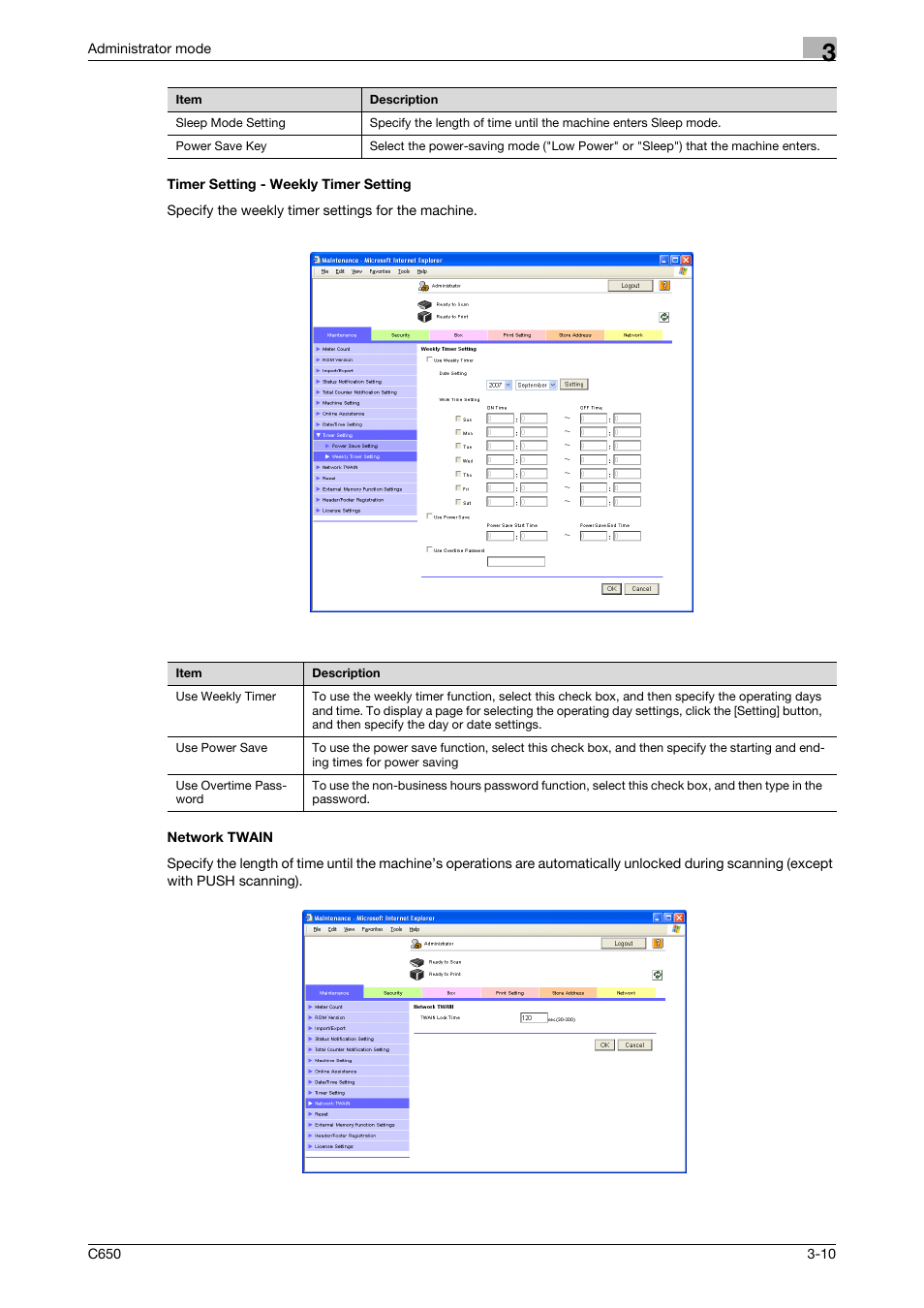 Timer setting - weekly timer setting, Network twain | Konica Minolta bizhub C650 User Manual | Page 84 / 165