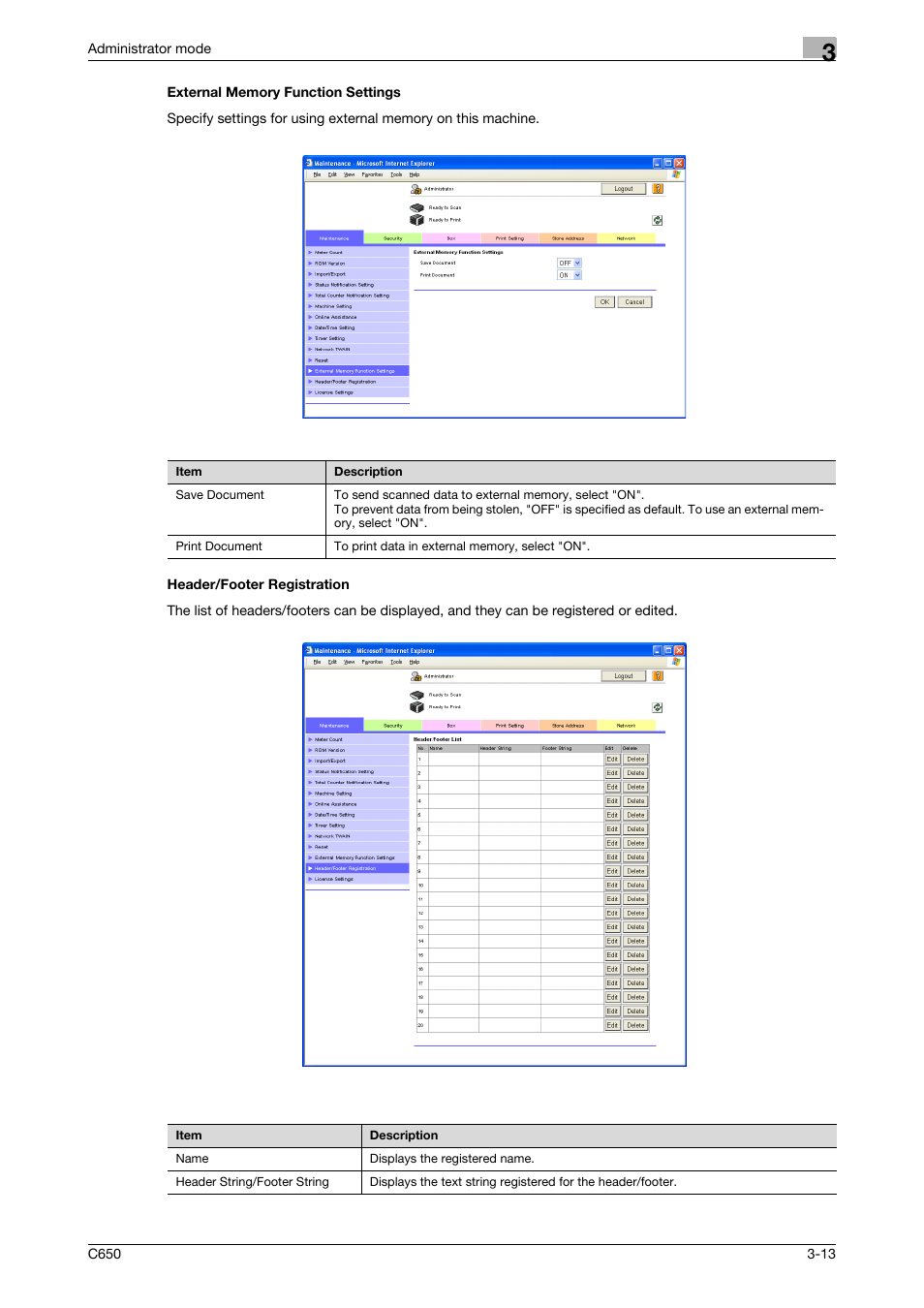 External memory function settings, Header/footer registration | Konica Minolta bizhub C650 User Manual | Page 87 / 165