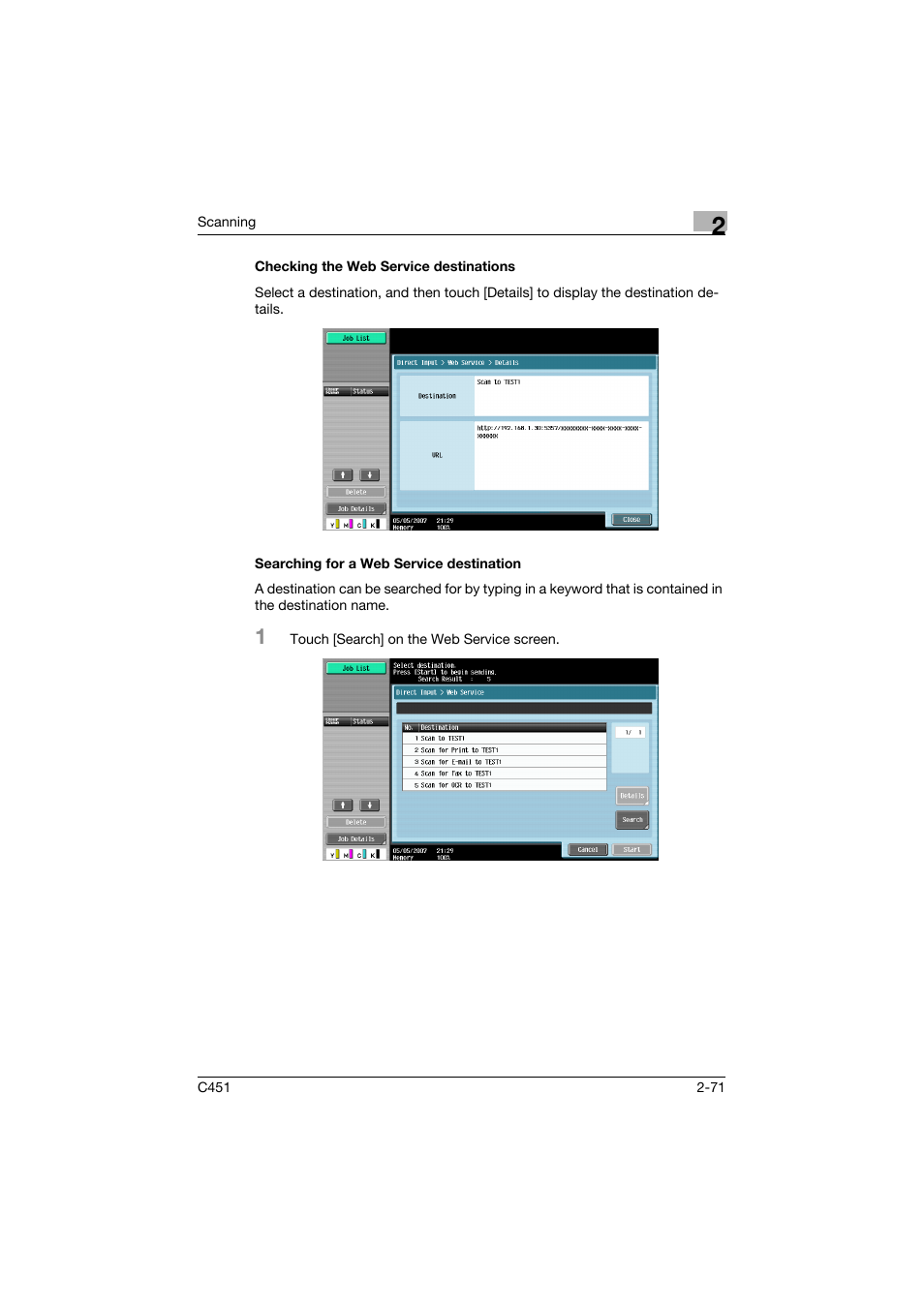 Checking the web service destinations, Searching for a web service destination | Konica Minolta bizhub C451 User Manual | Page 110 / 413