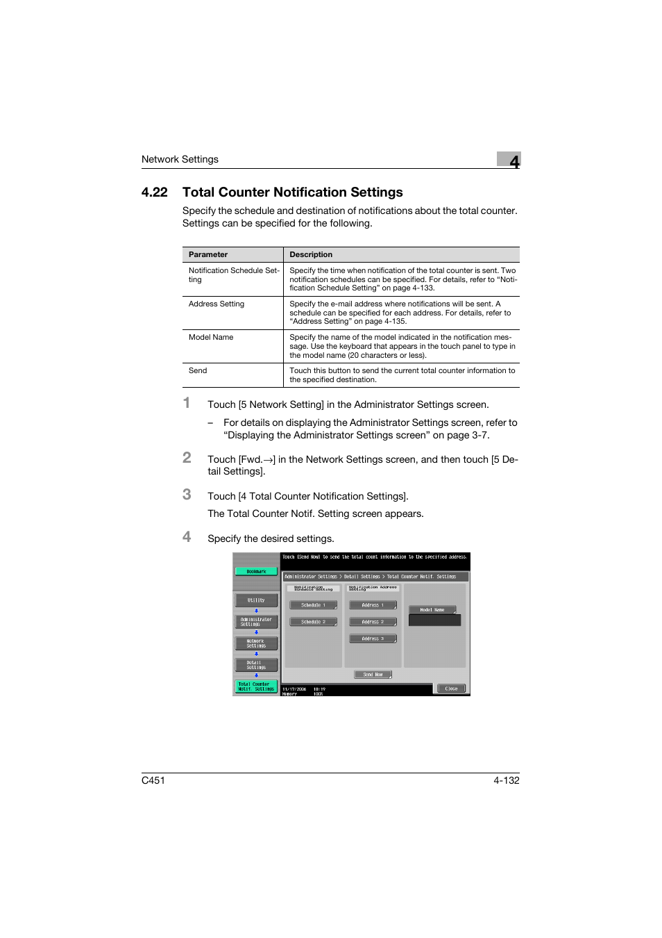 22 total counter notification settings, Total counter notification settings -132 | Konica Minolta bizhub C451 User Manual | Page 377 / 413