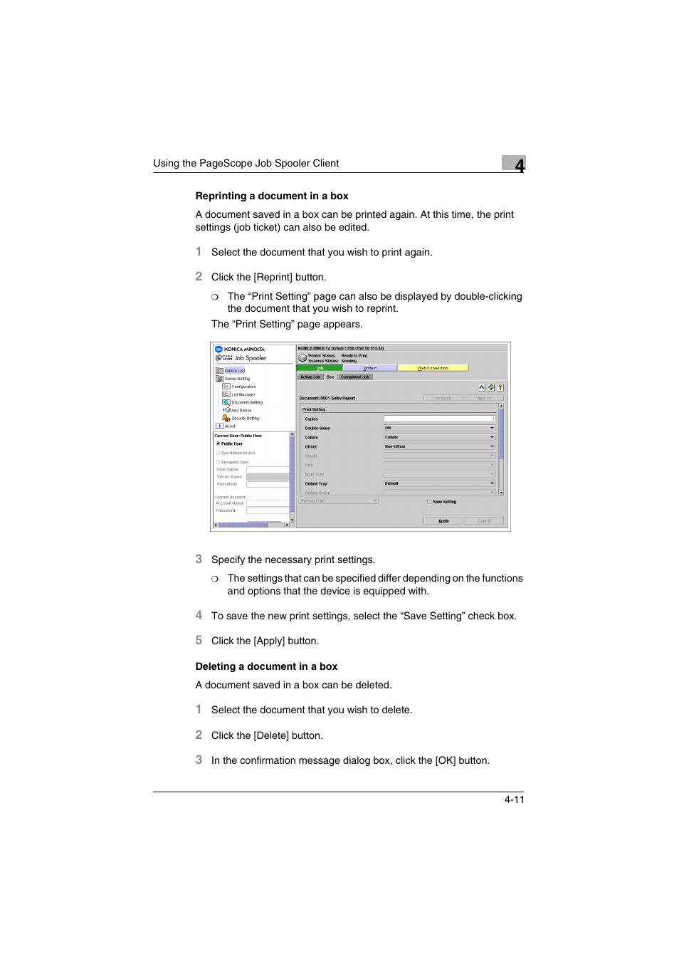Reprinting a document in a box, Deleting a document in a box | Konica Minolta PageScope Job Spooler User Manual | Page 24 / 36
