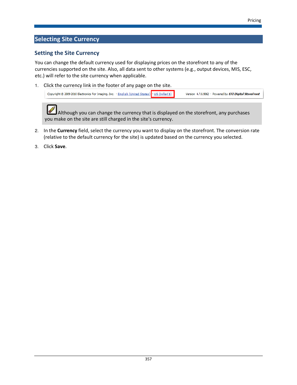 Selecting site currency | Konica Minolta Digital StoreFront User Manual | Page 357 / 532