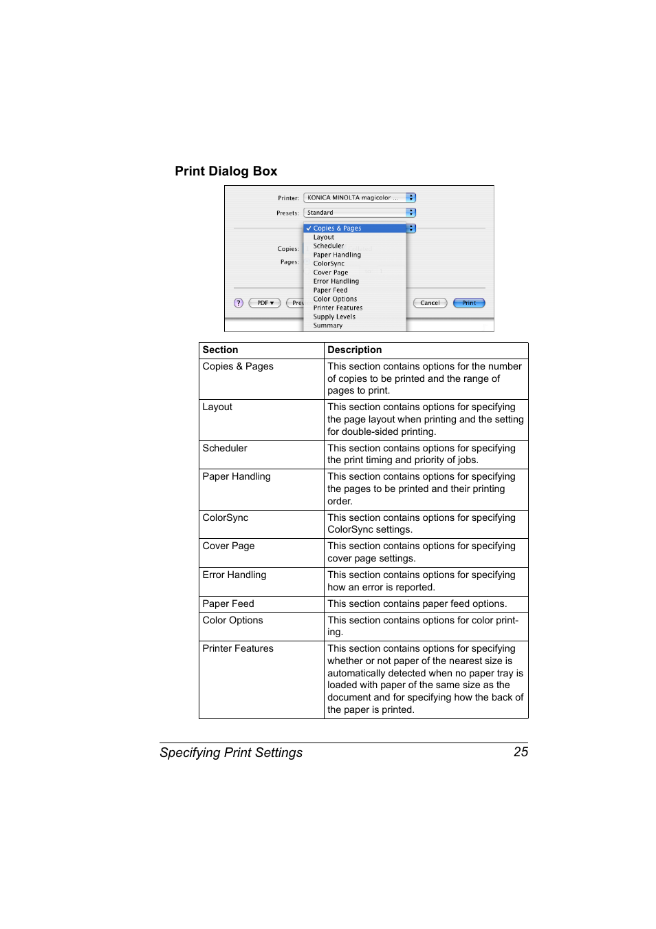 Print dialog box, Print dialog box 25, Specifying print settings 25 print dialog box | Konica Minolta magicolor 5550 User Manual | Page 43 / 296