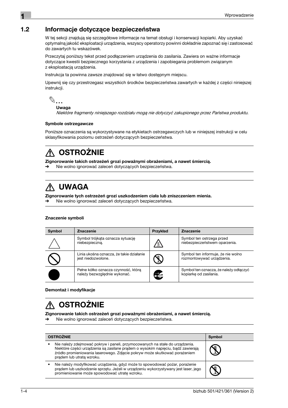 2 informacje dotycz¶ce bezpieczeñstwa, Symbole ostrzegawcze, Znaczenie symboli | Demonta¿ i modyfikacje, Informacje dotyczące bezpieczeństwa -4, 7 ostrożnie, 7 uwaga, 2 informacje dotyczące bezpieczeństwa | Konica Minolta bizhub 501 User Manual | Page 10 / 288
