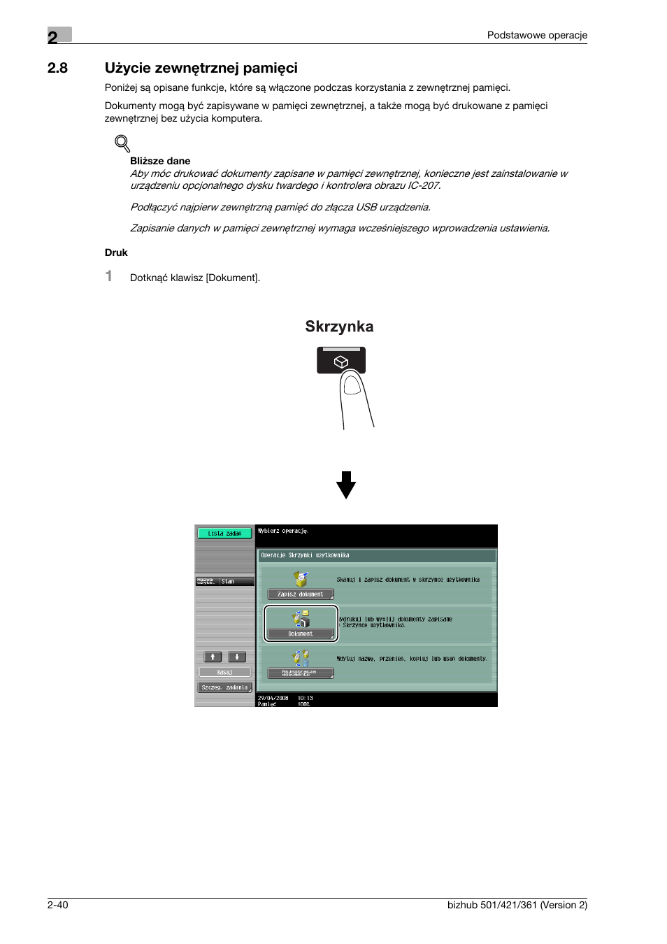 8 u¿ycie zewnêtrznej pamiêci, Druk, Użycie zewnętrznej pamięci -40 | Konica Minolta bizhub 501 User Manual | Page 108 / 288