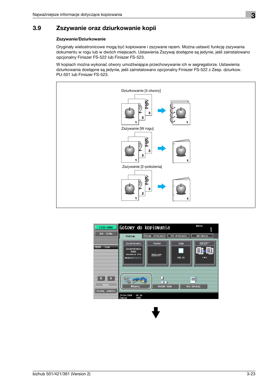 9 zszywanie oraz dziurkowanie kopii, Zszywanie/dziurkowanie, Zszywanie oraz dziurkowanie kopii -23 | Konica Minolta bizhub 501 User Manual | Page 135 / 288