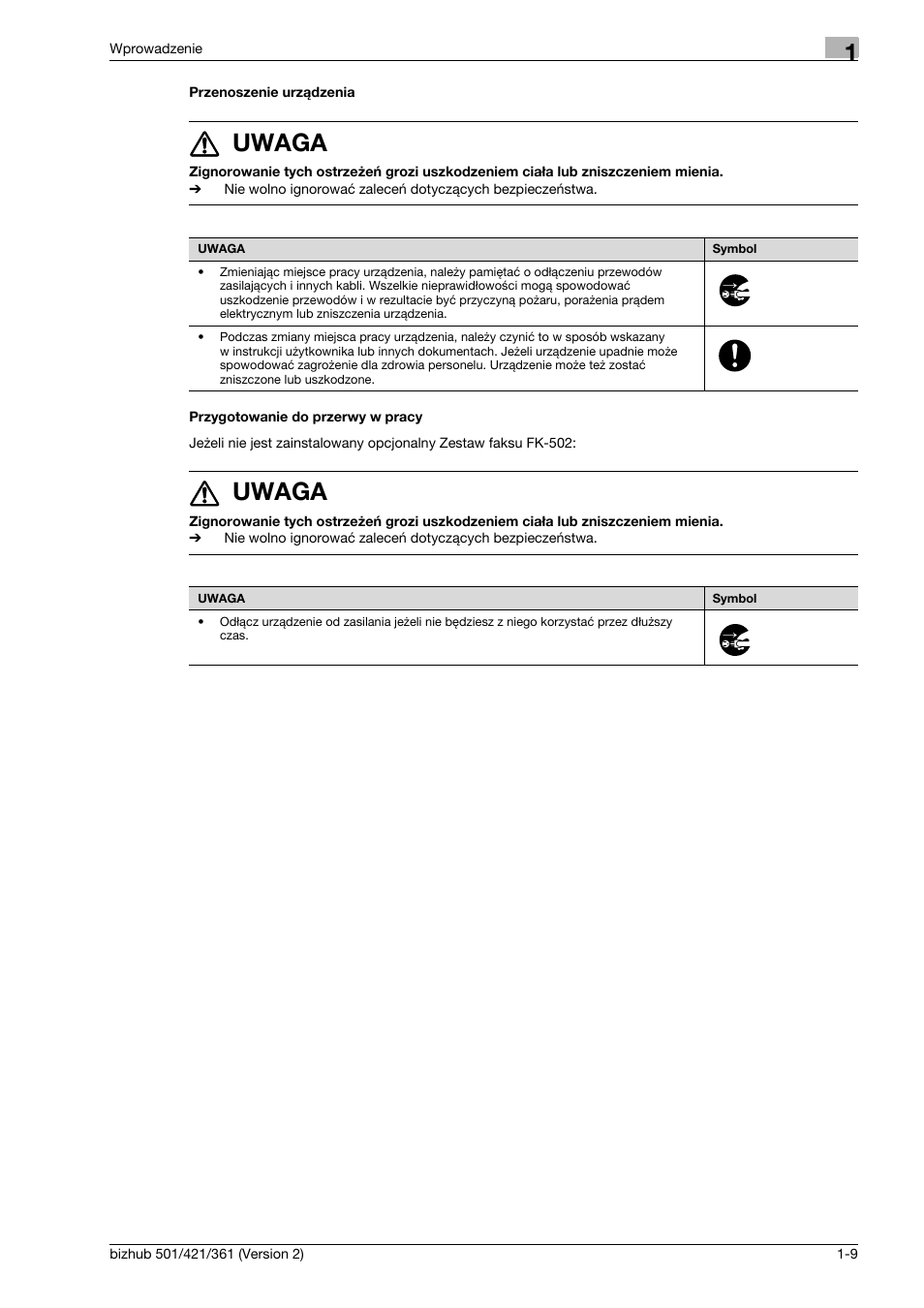 Przenoszenie urz¶dzenia, Przygotowanie do przerwy w pracy, 7 uwaga | Konica Minolta bizhub 501 User Manual | Page 15 / 288