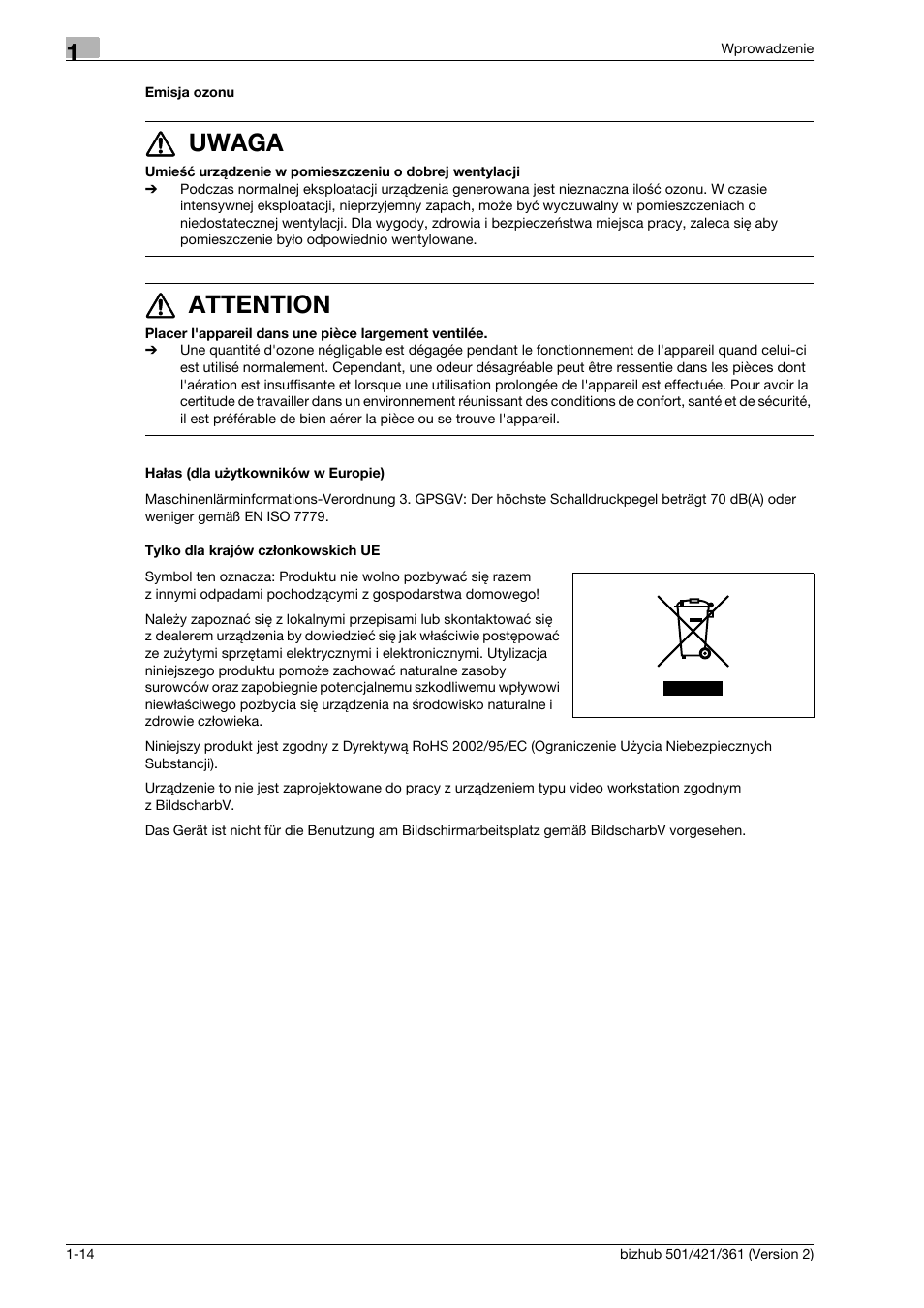 Emisja ozonu, Ha¸as (dla u¿ytkowników w europie), Tylko dla krajów cz¸onkowskich ue | 7 uwaga, 7 attention | Konica Minolta bizhub 501 User Manual | Page 20 / 288